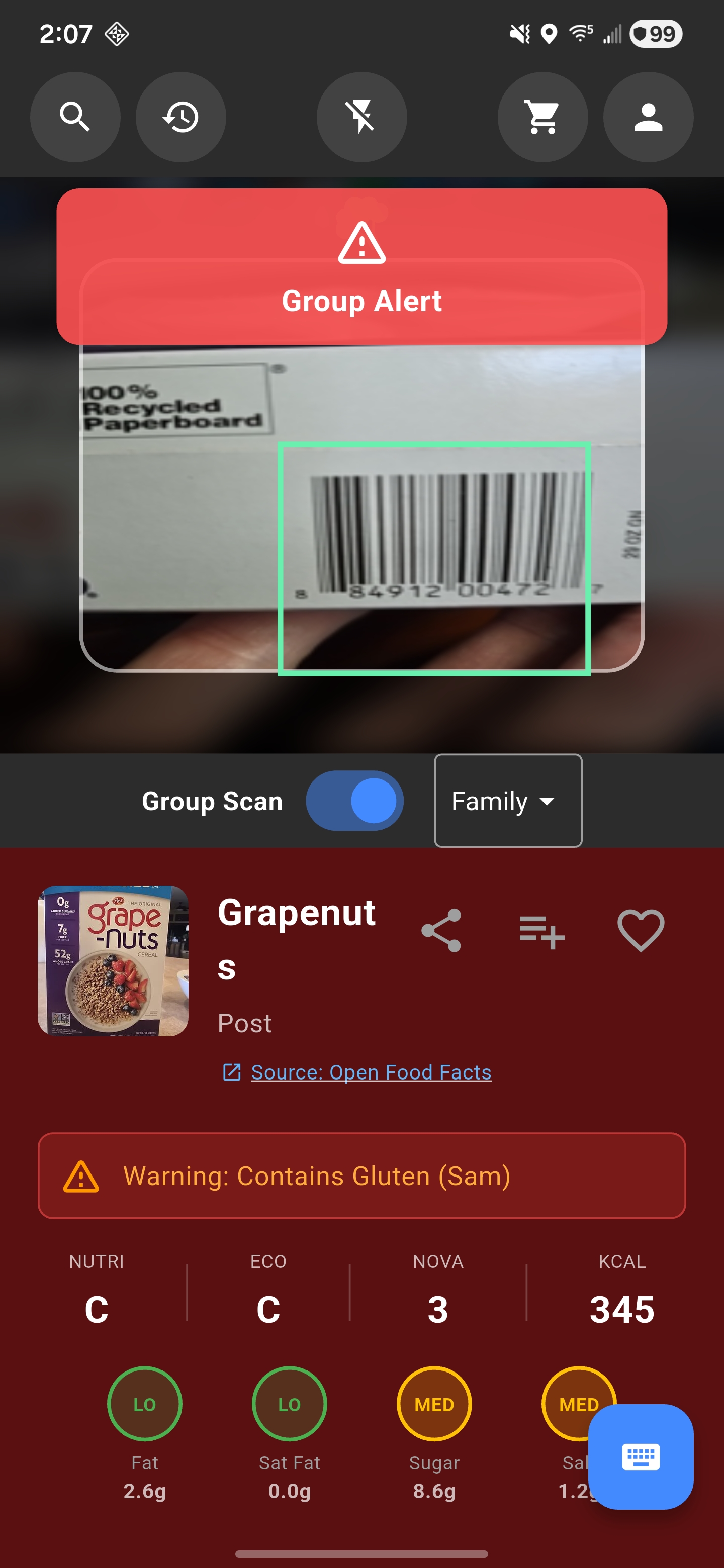 Skannist app screenshot showing a scanned product result